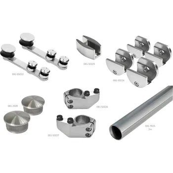 Závěsný systém - set na skleněné dveře (tloušťka skla: 8,00 - 12,00 mm), set obsahuje: EB1-SDZ26 1ks, EB1-SDZ27 1ks, EB1-SDZ21 2ks, EB1-SDZ25 4ks, EB1-SDZ24 1ks, EB1-2500 2ks, EB1-TR25 2m broušená nerez K320 /AISI304