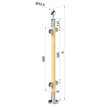 Dřevěný sloup, vrchní kotvení, výplň: sklo, průchozí, vrch nastavitelný (ø 42mm), materiál: buk, broušený povrch bez nátěru