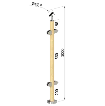 Dřevěný sloup, vrchní kotvení, výplň: sklo, průchozí, vrch nastavit. (ø 42mm), materiál: buk, broušený povrch s nátěrem BORI (bezbarvý)