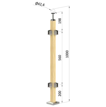 Dřevěný sloup, vrchní kotvení, výplň: sklo, rohový: 90°, vrch pevný (40x40mm), materiál: buk, broušený povrch bez nátěru