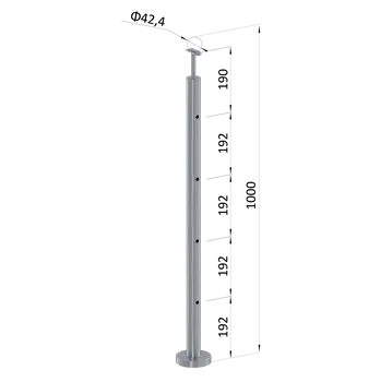 Zábradlí Nerezový sloup, vrchní kotvení, 4 děrový, koncový, vrch pevný (ø42,4x2 mm), broušená nerez K320 / AISI304,