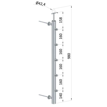 Zábradlí Nerezový sloup na francouzsky balkón, boční kotvení, 5 řadový levý, vnější, vrch pevný, (ø 42.4x2 mm), broušená nerez K320 /AISI304