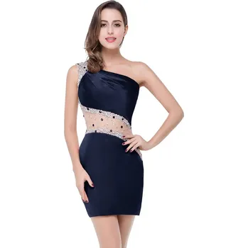 Dámské šaty Krátké saténové šaty s flitry a asymetrickým ramínkem pro plesy Barva: Tmavě Modrá, Velikost: S