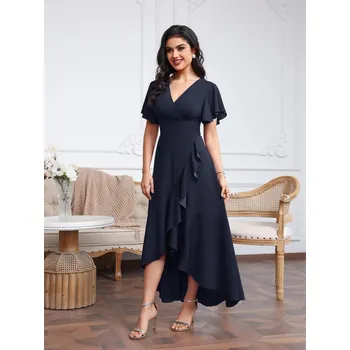 Dámské šaty Asymetrické šaty s volány a rozparkem pro společenské příležitosti Barva: Tmavě Modrá, Velikost: M