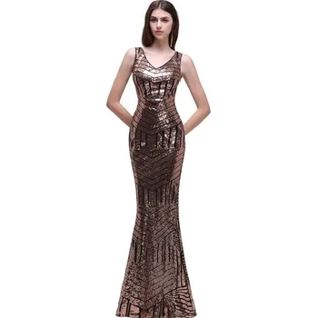 Dámské šaty Flitrované šaty v mořském střihu s průsvitnými zády pro galavečery a plesy Barva: Hnědá, Velikost: L