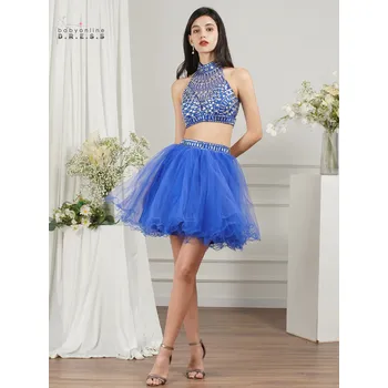 Dámské šaty Krátké koktejlové šaty s flitry a krystaly pro oslavy a promoce Barva: Safírová, Velikost: 3XL