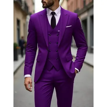 Pánský tříkomplet oblek v elegantním střihu pro formální příležitosti Barva: Fialová, Velikost: L