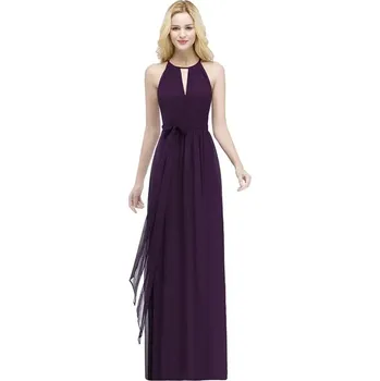 Dámské šaty Dlouhé šifonové šaty s halter výstřihem a páskem v pase Barva: Fialová, Velikost: S