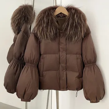 Dámská parka Krátká péřová bunda s pravou kožešinou pro zimní období Velikost: S, Barva (Varianta): Brown coffee