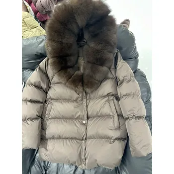 Dámská parka Krátká péřová bunda s pravou kožešinou a kapucí pro zimní období Barva: Šedá, Velikost: M