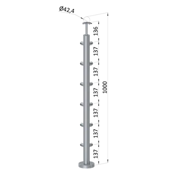 Zábradlí Nerezový sloup, vrchní kotvení, 6 řadový rohový: 90°, vrch pevný (ø 42.4x2mm), broušená nerez K320 /AISI316