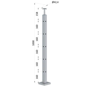 Zábradlí Nerezový sloup, vrchní kotvení, 5 děrový rohový, vrch pevný, (40x40 mm), broušená nerez K320 / AISI304