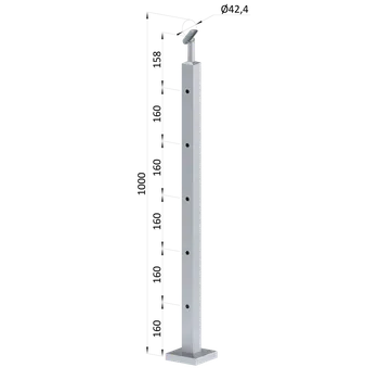 Zábradlí Nerezový sloup, vrchní kotvení, 5 děrový průchodný, vrch nastavitelný, (40x40 mm), broušená nerez K320 / AISI304