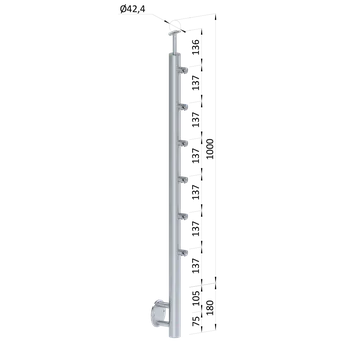 Zábradlí Nerezový sloup, boční kotvení, 6 řadový průchodný, venkovní, vrch pevný (ø42,4x2 mm), broušená nerez K320 / AISI316