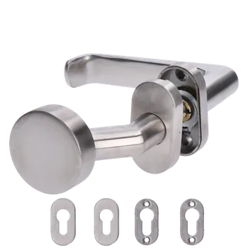 Dveřní kování Klika (pravá) + koule oválná (pevná), vyhnutá včetně dolní rozety, balení: 1ks klika (pravá), 1ks koule oválná, 2ks dolní oválná rozeta, broušená nerez AISI304
