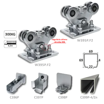 příslušenství k bráně Samonosný systém 69x69x4 pro posuvné brány do 200 kg / 4,5 m otvor (C399P-4/Zn 1x6m pozinkovaný profil, W395P.F2 2ks, C396P 1ks, C397P 1ks, C398P 1ks)