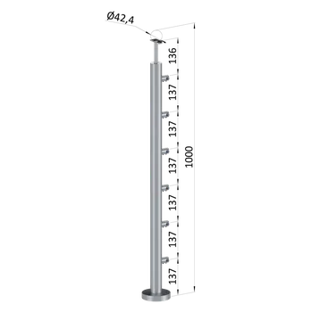 Zábradlí Nerezový sloup, vrchní kotvení, 6 řadový průchodný, vrch pevný (ø42,4x2 mm), broušená nerez K320 / AISI316