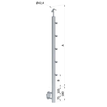 Zábradlí Nerezový sloup, boční kotvení, 5 řadový průchodný, venkovní, vrch nastavitelný (ø 42,4x2 mm), broušená nerez K320 / AISI316