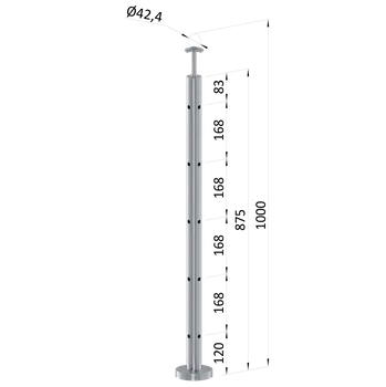 Zábradlí Nerezový sloup, vrchní kotvení, 5 děrový, rohový: 90°, vrch pevný (ø 42.4x2mm), broušená nerez K320 /AISI304