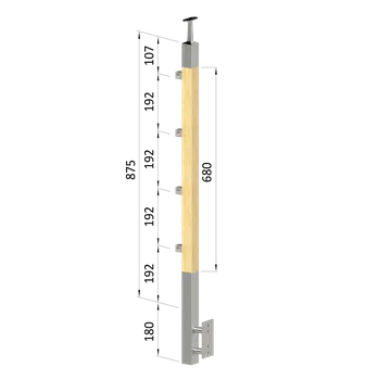 Dřevěný sloup, boční kotvení, 4 řadový, průchozí, vnější, vrch pevný (40x40mm), materiál: buk, broušený povrch bez nátěru