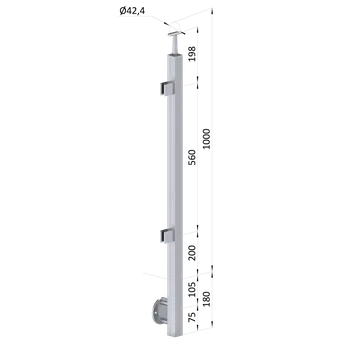 Zábradlí Nerezový sloup, boční kotvení, výplň: sklo, levý, vrch pevný (40x40 mm), broušená nerez K320 / AISI304