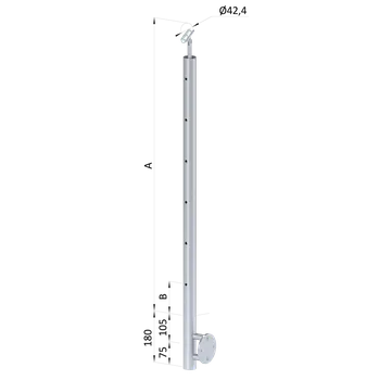 Nerezový sloup, boční kotvení, 6 děrový koncový na lanko, vrch nastavitelný (ø 42.4x2mm), broušená nerez K320 /AISI304