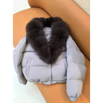 Dámská parka Dámská zimní péřová bunda s pravou kožešinou a kapucí Velikost: S, Barva (Varianta): Grey coffee