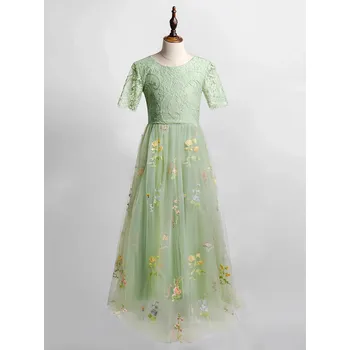 Dívčí šaty Dívčí tylové šaty s krátkými rukávy a květinovou výšivkou Barva: Světle zelená, Velikost: 4