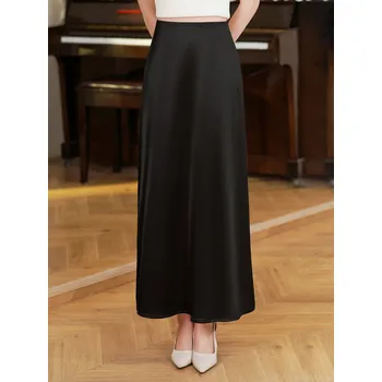 Dámská sukně Dlouhá saténová sukně s vysokým pasem pro elegantní nebo formální styl Barva: Černá, Velikost: L
