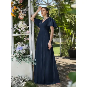 Dámské šaty Dlouhé tylové šaty s volány a výstřihem do V pro svatební oslavy Barva: Tmavě Modrá, Velikost: M