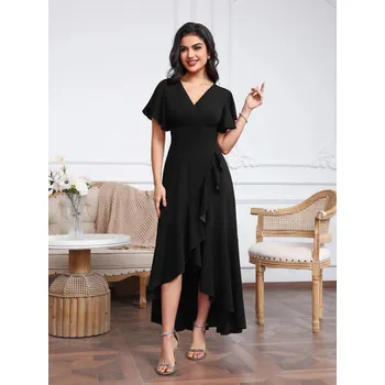 Dámské šaty Asymetrické tylové šaty s volány a rozparkem pro slavnostní akce Barva: Černá, Velikost: M