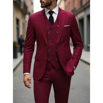 Pánský tříkomplet oblek v elegantním střihu pro formální příležitosti Barva: Vínová, Velikost: 3XL