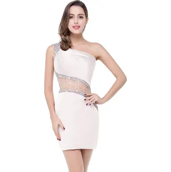 Dámské šaty Krátké saténové šaty s flitry a asymetrickým ramínkem pro plesy Barva: Bílá, Velikost: S