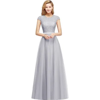 Dámské šaty Dlouhé šifonové šaty s krajkou a páskem pro družičky a ples Barva: Stříbrná, Velikost: 3XL