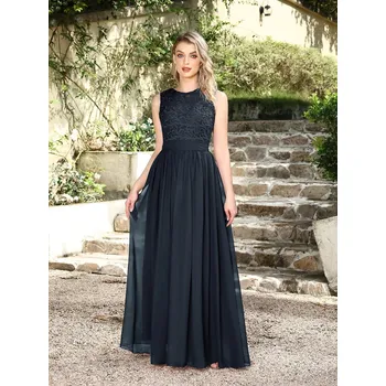 Dámské šaty Dlouhé šifonové šaty s krajkovým živůtkem a průsvitnými zády pro družičky Barva: Tmavě Modrá, Velikost: 3XL