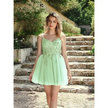 Dámské šaty Krátké koktejlové šaty s flitry a tylovou sukní pro oslavy Barva: Zelená, Velikost: M