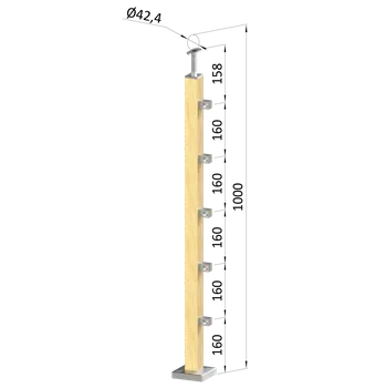 Dřevěný sloup, vrchní kotvení, 5 řadový, průchozí, vrch pevný (40x40mm), materiál: buk, broušený povrch bez nátěru