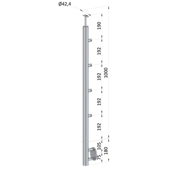 Nerezový sloup, boční kotvení, 4 řadový průchodný, vnitřní, vrch pevný (ø 42,4x2 mm), broušená nerez K320 / AISI304