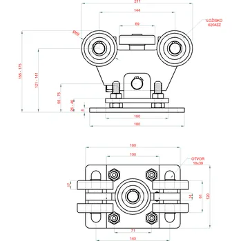 Vozík pro C-profil 80x80x5/4mm výškově nastavitelný, 5x polyamidové kolečko s ložiskem 6204ZZ, galvanické zinkování
