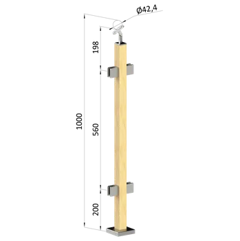 Zábradlí Dřevěný sloup, vrchní kotvení, výplň: sklo, průchozí, vrch nastavitelný (40x40 mm), materiál: buk, broušený povrch bez nátěru