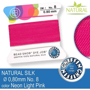 Nit Hedvábná nit s jehlou GRIFFIN síla nitě 0,8mm No.8 délka 2m. Barva Neon Light Pink.