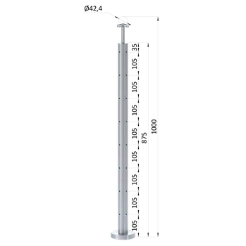 Zábradlí Nerezový sloup, vrchní kotvení, 8 děrový na lanko, rohový: 90°, vrch pevný (ø 42.4x2mm), broušená nerez K320 /AISI304