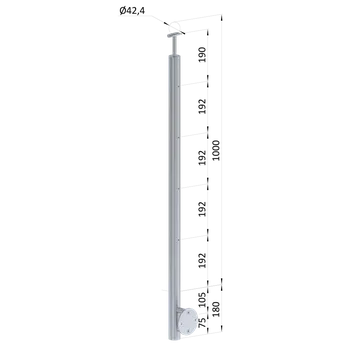 Zábradlí Nerezový sloup, boční kotvení, bez výplně, 4 řadový se závitem M6, vnitřní, vrch pevný, (ø 42.4x2mm), broušená nerez K320 /AISI304