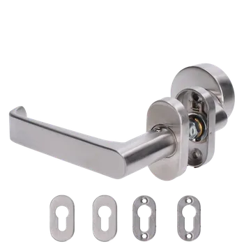 Dveřní kování Klika (levá) + koule oválná (pevná), vyhnutá včetně dolní rozety, balení: 1ks klika (levá), 1ks koule oválná, 2ks dolní oválná rozeta, broušená nerez AISI304