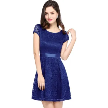 Dámské šaty LissCord Krátké koktejlové šaty s páskem a krajkou pro elegantní večer Barva: Safírová, Velikost: XS