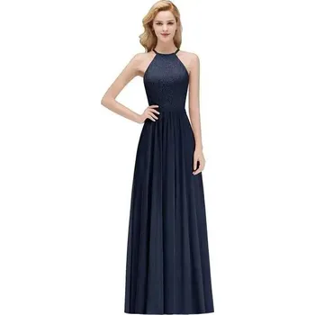 Dámské šaty Dlouhé šifonové šaty s halter výstřihem pro svatební či plesové akce Barva: Tmavě Modrá, Velikost: M