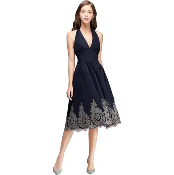 Dámské šaty Krátké vyšívané šaty s halter výstřihem a odhalenými zády Barva: Tmavě Modrá, Velikost: S