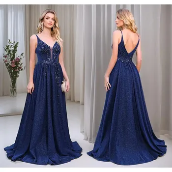 Dámské šaty Elegantní večerní šaty s krajkou a vlečkou pro slavnostní událost Barva: Tmavě Modrá, Velikost: XS