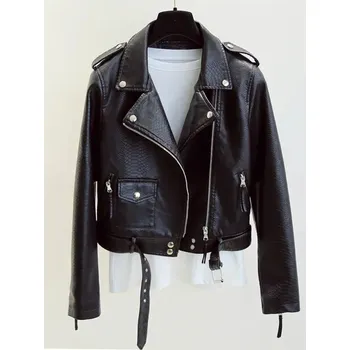 Dámský křivák Dámská koženková bunda s páskem v moderním městském stylu Barva: Černá, Velikost: XL