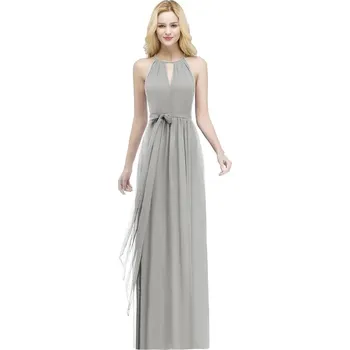 Dámské šaty Dlouhé šifonové šaty s halter výstřihem a páskem v pase Barva: Stříbrná, Velikost: S